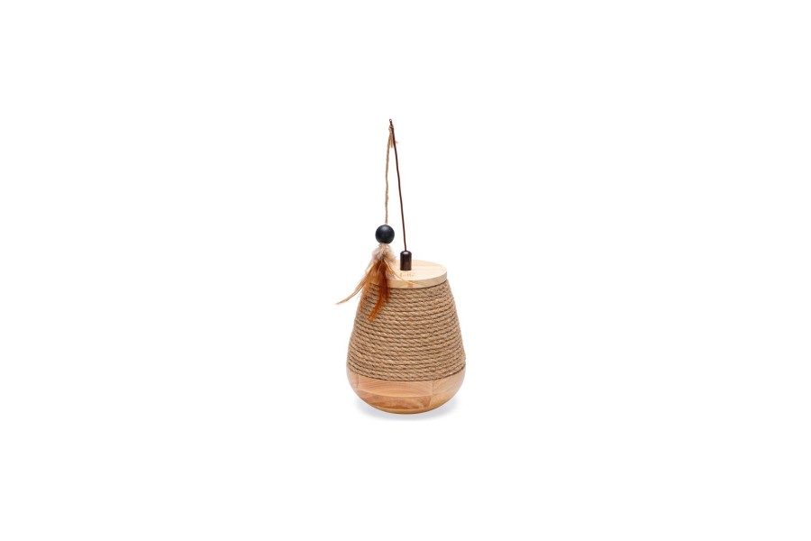 Juguete Gato Madera Con Rascador i Plumas 15x15 Cm